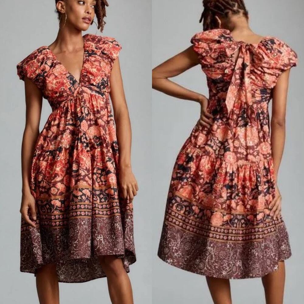 Anthropologie Pink Red Floral Printed V-Neck Sleeveless Babydoll Midi Dress (2)